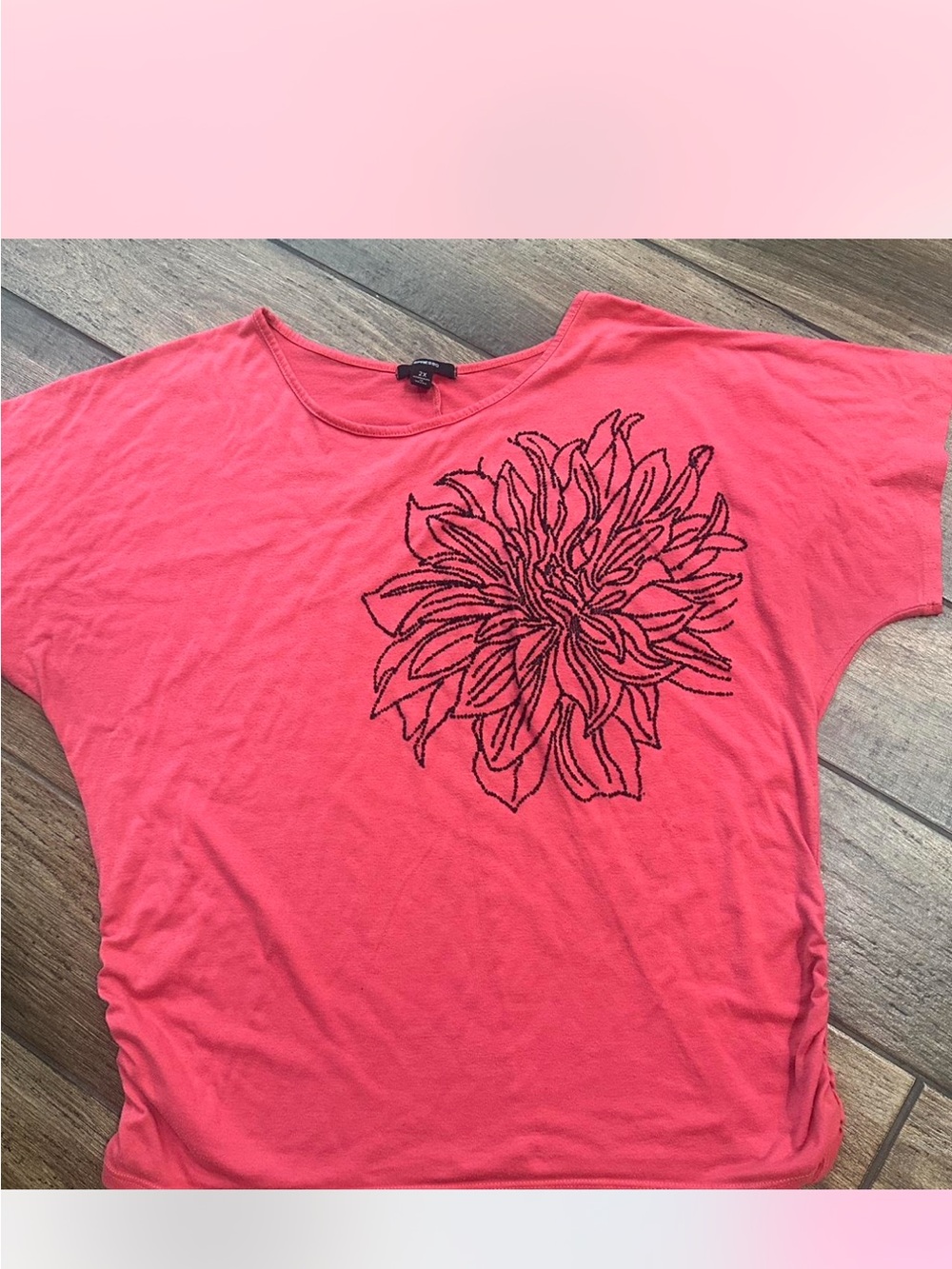 Espresso Coral Short Sleeve Top with Black Floral Stitching